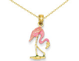Enameled Pink Flamingo Pendant Necklace 14K Yellow Gold